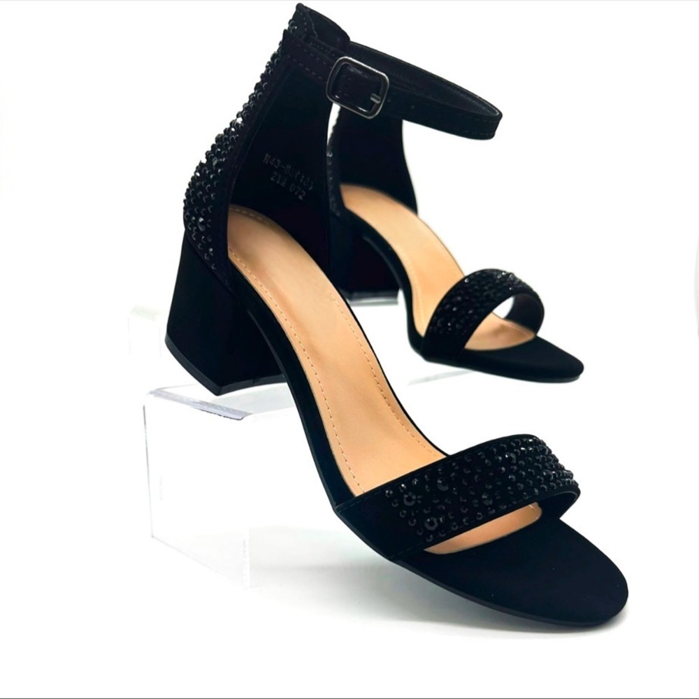 Women’s Black Block Heel Sandal with Rhinestones - Picture 1 of 3
